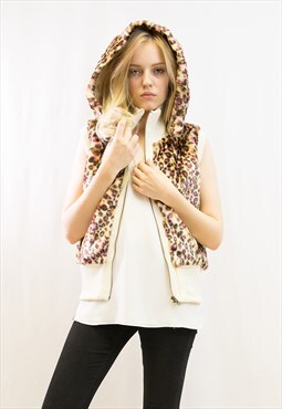 Fuax Fur Short Gilet with removeable hoody in pink leopard