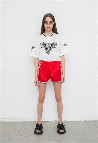 VINTAGE SHORTS RED BAYWATCH HIGH WAISTED WHITE STRIPES