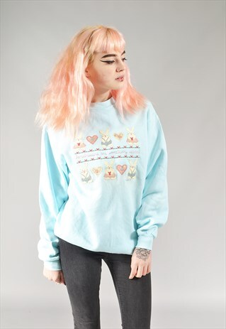 VINTAGE BABY BLUE EMBROIDERED BUNNY SWEATER