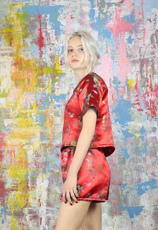 SHORTS & TOP CO-ORDINATE IN RED DRAGON SATIN