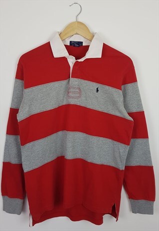 VINTAGE STRIPED POLO RALPH LAUREN RUGBY SHIRT RED & GREY