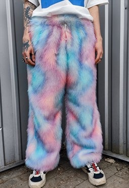 Festival pants tie-dye faux fur joggers fleece trousers pink