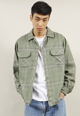 VINTAGE 70'S PENDLETON SAGE GREEN TARTAN WOOL SHIRT