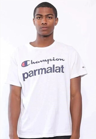 VINTAGE CHAMPION PARMALAT BIG LOGO SPELLOUT T-SHIRT WHITE