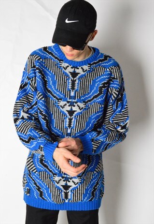 VINTAGE 80S BLUE ABSTRACT WOOL BLEND JUMPER