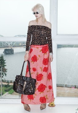 Vintage Y2K sweet rose pattern maxi skirt in pastel red