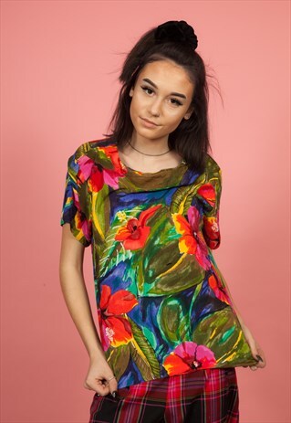 VINTAGE HAWAIIAN PRINT FLORAL SHORT SLEEVE SHIRT BLOUSE TOP