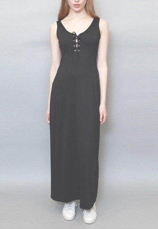 VINTAGE 1990'S BLACK SILKY LACE UP MAXI DRESS