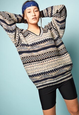 VINTAGE 90'S RETRO ABSTRACT PATTERN KNIT OVERSIZED JUMPER
