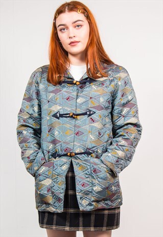VINTAGE 90'S EMBROIDERED DIAMOND PRINT DUFFLE COAT JACKET