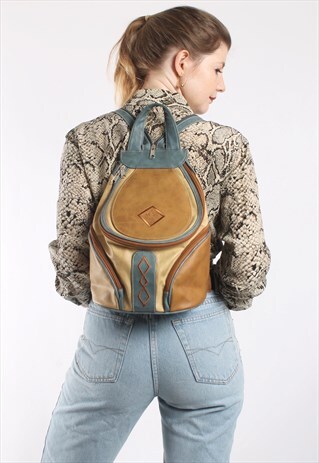 VINTAGE 90S BUCKET BACKPACK IN EMBROIDERED FAUX LEATHER