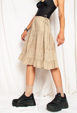 Vintage Skirt Y2K Frilly Fairy Cottage Midi in Beige Cotton