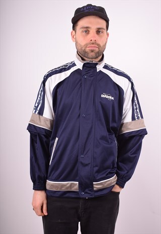 DIADORA MENS VINTAGE TRACKSUIT TOP JACKET XL NAVY BLUE 90S