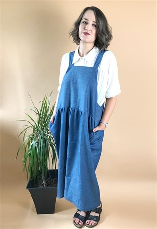 DENIM CHAMBRAY MIDI SMOCK APRON DRESS