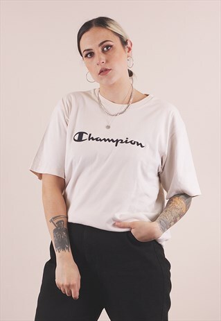 VINTAGE 90S CHAMPION CREAM BIG LOGO T-SHIRT /A5018