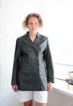 Vintage 80's Black Leather Double Breasted Coat