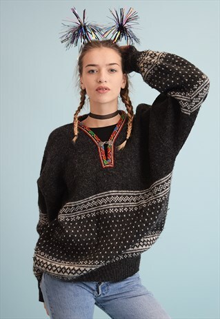 90'S RETRO NORDIC FOLK WOOL KNIT CHRISTMAS JUMPER