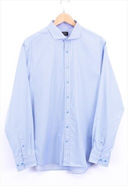 Vintage Smart Shirt Blue Check Long Sleeve Button Up Retro 