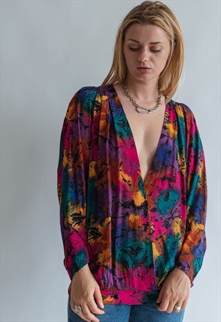 VINTAGE 80S MULTICOLOR BLOUSE WITH DEEP V-NECK