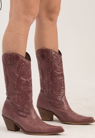 WESTERN LEATHER WASHED PURPLE BOOTS