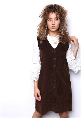 VINTAGE 90S BROWN CORD CORDUROY PINAFORE MINI DRESS