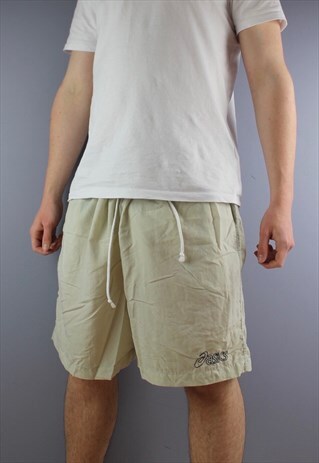 VINTAGE ASICS SHORTS IN STONE WITH POCKETS, EMBROIDERED LOGO