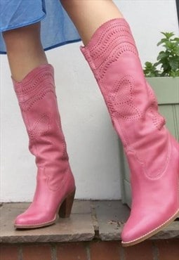 Vintage Y2k 2000s Pink Leather Cowboy Westwrn Boots 4 / 37