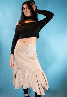 Vintage Y2K Size S Linen Blend Waterfall Midi Skirt in Beige