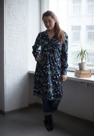 VINTAGE 80'S MIDI NAVY PATTERNED DRESS