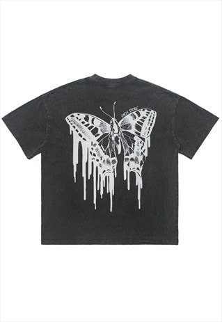 BUTTERFLY PRINT T-SHIRT MOTH TEE RETRO GOTHIC TOP ACID GREY 