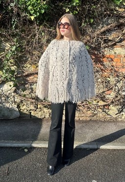 70's Vintage Hand Crochet Ladies Folk Hippy Beige Cape