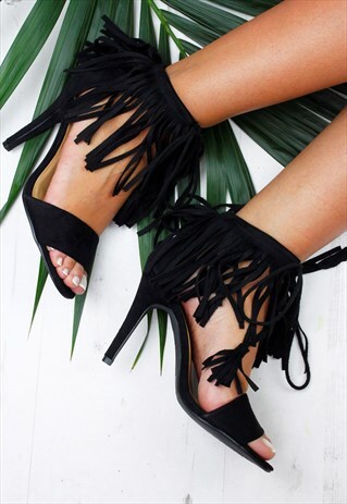 WOMENS LADIES BLACK FRINGE HIGH STILLETO SANDALS SHOES