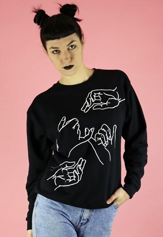 HANDS LINE DRAWING SWEATSHIRT PRINT BLACK SWEATER JUMPER