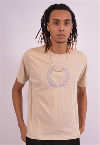 FRED PERRY MENS VINTAGE T-SHIRT TOP LARGE BEIGE 90S