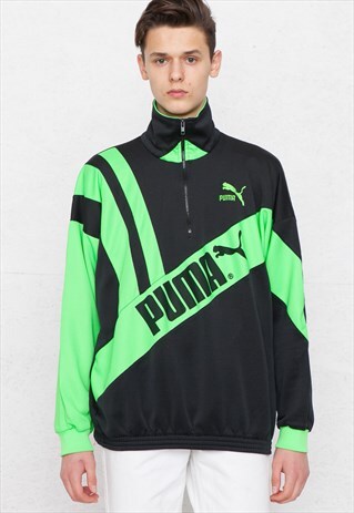 VINTAGE BLACK GREEN PUMA 1/4 ZIP PULLOVER SWEATSHIRT