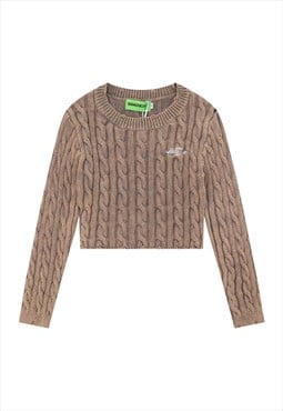 Cropped sweater bleached denim wash cable jumper in brown