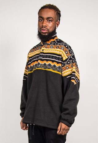 90'S VINTAGE BLACK AZTEC FAIRISLE QUARTER BUTTON UP FLEECE