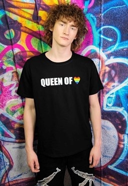 Gay Queen t-shirt LGBT rainbow heart tee Pride top in black
