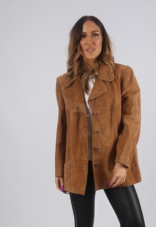 VINTAGE SUEDE LEATHER JACKET FITTED UK 16 XL (DK4Y)