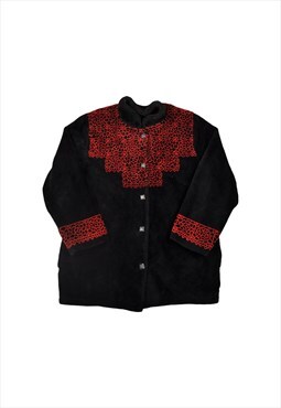 Vintage Fleece Jacket Retro Pattern Black/Red Ladies Large
