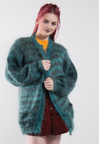 VINTAGE FUZZY BLUE BUTTON OVERSIZE CARDIGAN