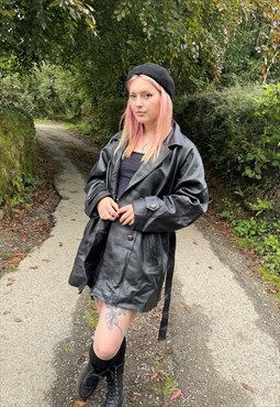 Vintage 90s Y2K Black Genuine Leather Belted Trench Coat