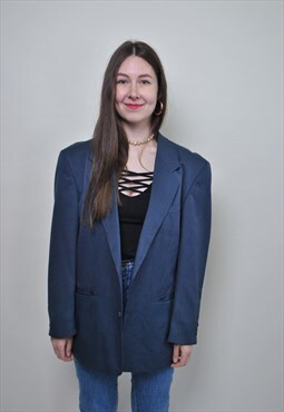 Women blue blazer, vintage oversized suit jacket, 90s formal