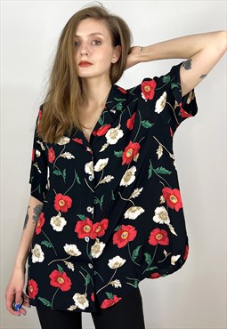 Black Floral Blouse, Button up Poppy Print Shirt