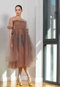 Mocha Tulle See Through Party Dress