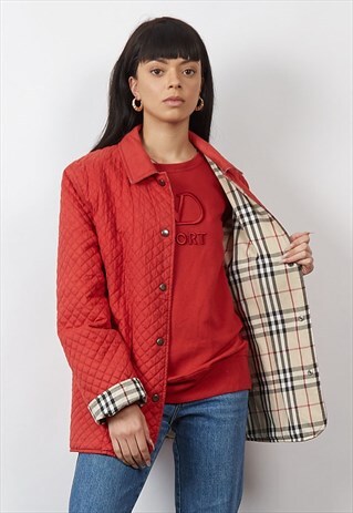 RARE VINTAGE 90'S BURBERRY RED QUILTED TARTAN LINED JACKET
