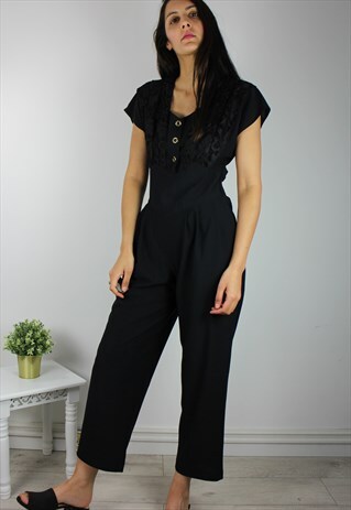 VINTAGE JUMPSUIT WITH LACE DETAIL & GOLD BUTTONS