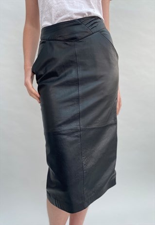 80's Leather Ladies Vintage Black Soft Pencil Midi Skirt 