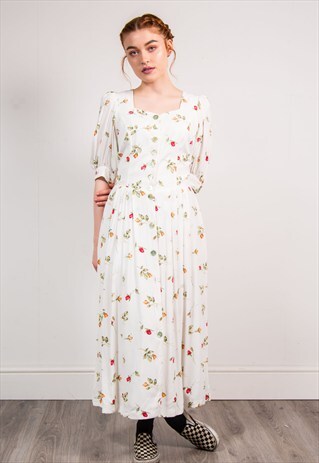 90'S VINTAGE CUTE WHITE ROSE PATTERN MAXI DRESS