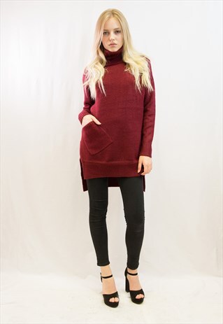 KNITTED TURTLENECK OVERSIZE LONGLINE JUMPER(WINE)